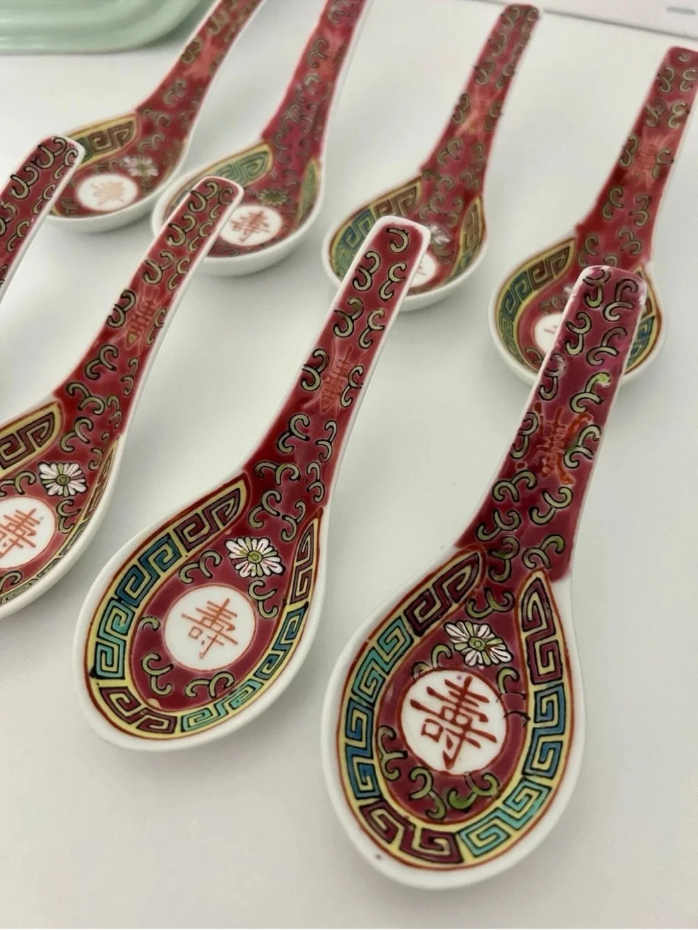 VINTAGE Famille Rose Spoons Set of 8, Mun Shou Longevity, JINGDEZHEN Chinoiserie